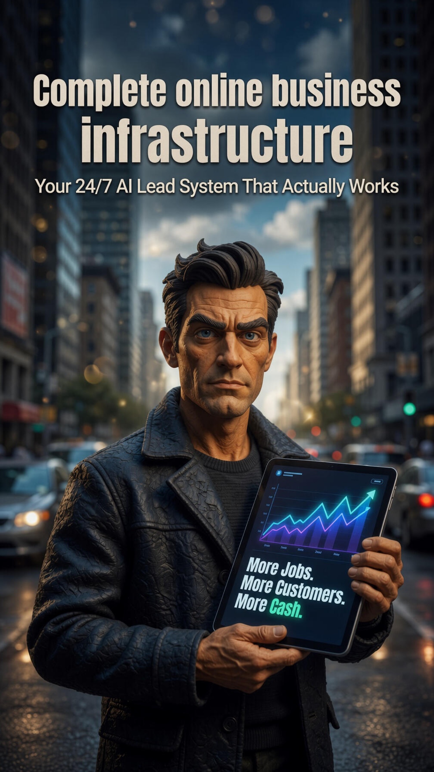House figure holding a tablet that reads more jobs, more customers, more cash.
