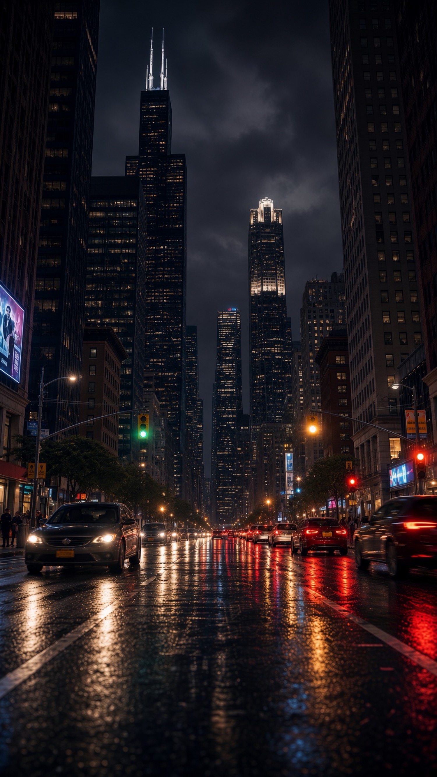 Rain-wet Chicago street at night looking toward Willis Tower, taillights on black pavement.