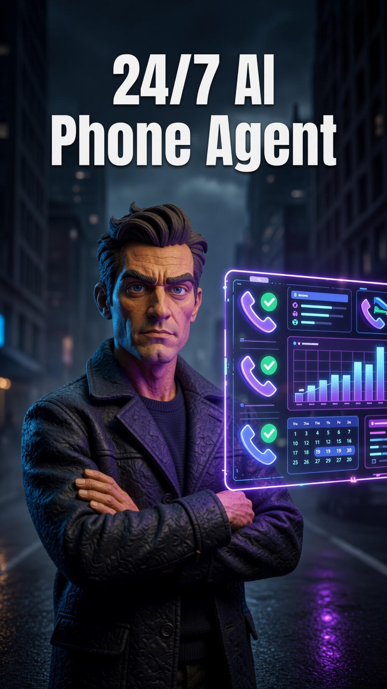 House figure standing in the street beside a holographic call dashboard.
